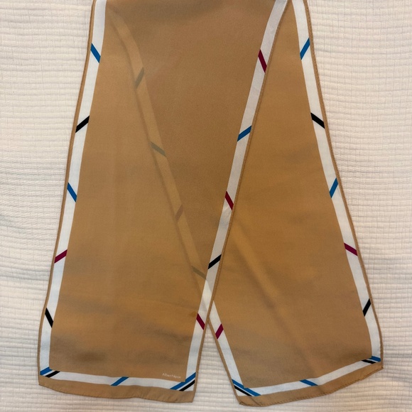 Albert Nipon 100% Silk Scarf – Camel with Border Stripe - Picture 8 of 9